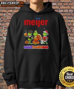 Happy HalloThanksMas hoodie featuring Good Meijer X Grinch cosplay design, perfect for festive holiday celebrations.