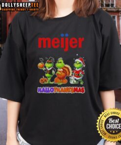 Happy HalloThanksMas ladies tee featuring Good Meijer X Grinch cosplay design, perfect for festive celebrations.