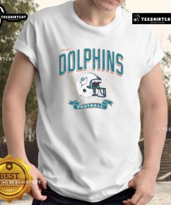 Distressed vintage Miami Dolphins football helmet graphic on a stylish t-shirt, perfect for fans and collectors.