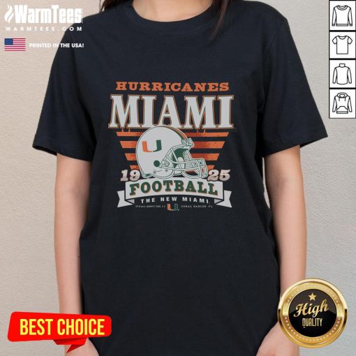 Alt Text: Women's Miami Hurricanes Stripe Splash Tee featuring vibrant team colors and stylish design for fans.