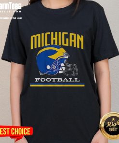 Alt Text: Vintage ladies tee featuring the iconic Michigan Wolverines football helmet design for passionate fans.