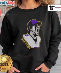 Alt Text: Minnesota Vikings graphic sweatshirt featuring war paint and player number 9, perfect for fans and game day wear.