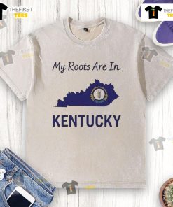 Good My Roots Are In Kentucky State Map Roots Washed T-Shirt design featuring a vintage Kentucky map and stylish text.