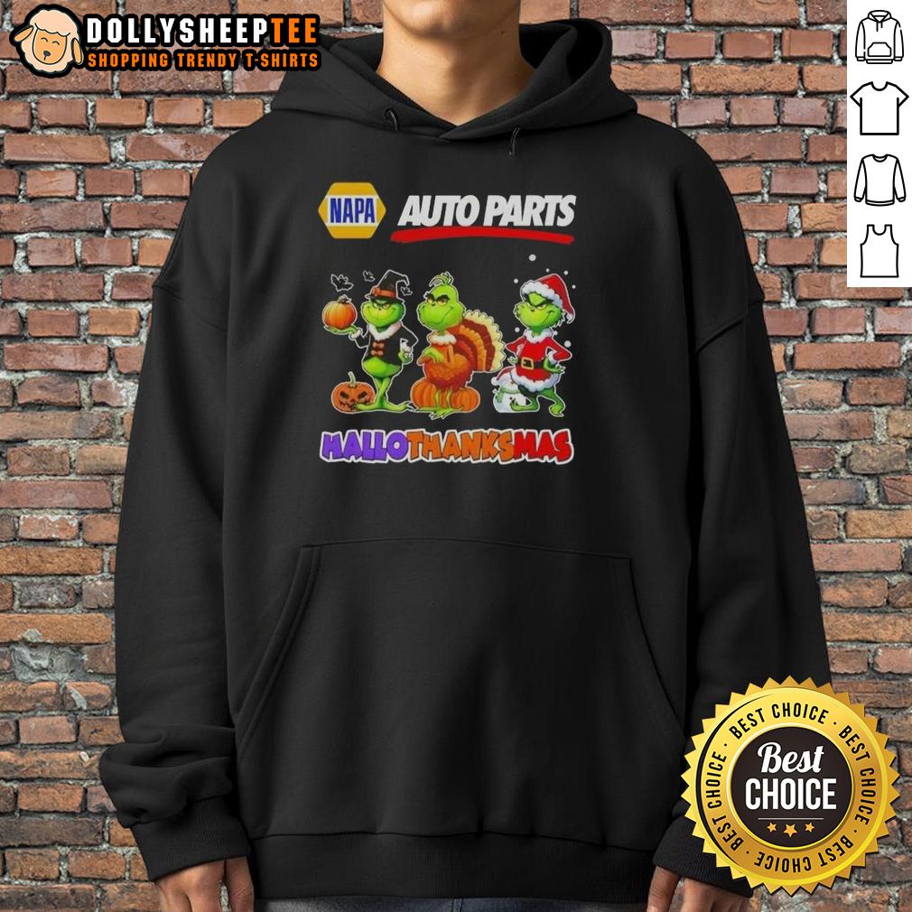 Good Napa Auto Parts X Grinch Cosplay Happy Hallothanksmas Hoodie Good Napa Auto Parts X Grinch Cosplay Happy HalloThanksMas Hoodie worn by a cheerful person in festive attire.