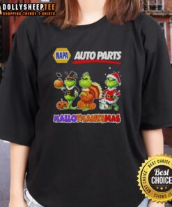 Happy HalloThanksMas ladies' tee featuring the Good Napa Auto Parts X Grinch cosplay design, perfect for festive celebrations.