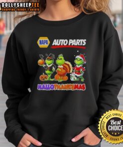 Good Napa Auto Parts X Grinch cosplay sweatshirt for Happy HalloThanksMas featuring festive colors and playful design.