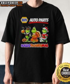 Good Napa Auto Parts X Grinch cosplay T-shirt for Hallothanksmas, featuring festive design and vibrant colors.