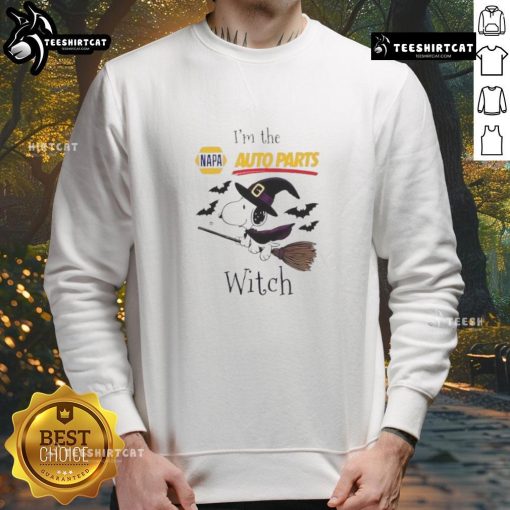 Good NAPA Auto Parts x Snoopy I'm The Witch Halloween Sweatshirt featuring Snoopy in a witch costume for Halloween fun.
