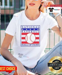 Alt Text: Good National Baseball Hall of Fame Primary Logo on a natural ladies tee, showcasing sports heritage and style.