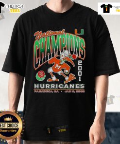 Alt Text: Good National Champions 2001 Miami Hurricanes mascot T-shirt featuring vibrant colors and iconic logo design.
