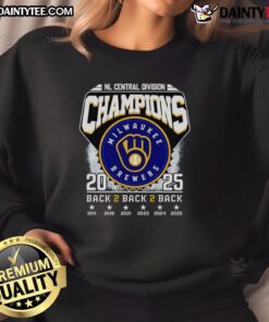 2025 Milwaukee Brewers Central Division Champions sweatshirt featuring team logo and bold graphics.