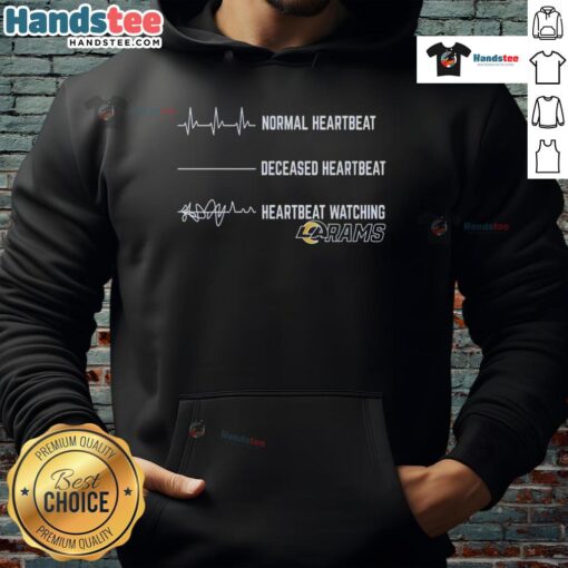 Good normal heartbeat vs deceased heartbeat graphic on a Los Angeles Rams hoodie design.