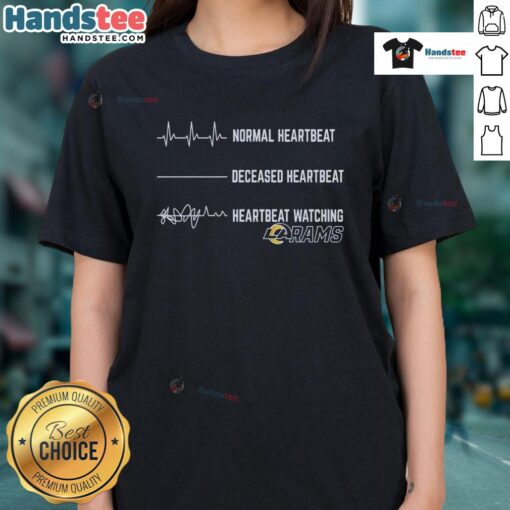 Good normal heartbeat and deceased heartbeat graphic on Los Angeles Rams ladies tee shirt for fans.