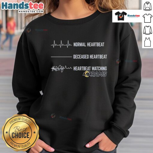 Good normal heartbeat vs deceased heartbeat graphic on a Los Angeles Rams sweatshirt, perfect for fans and health awareness.