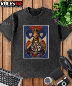 Novak Djokovic wearing a washed t-shirt celebrating his Six Kings Slam victory at the 2025 Riyadh Season Tennis.