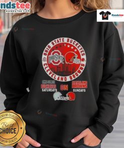 Good Ohio State Buckeyes Saturdays & Cleveland Browns Sundays skyline sweatshirt showcasing team spirit and city pride.