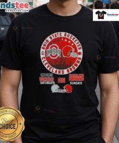 Ohio State Buckeyes Saturdays and Cleveland Browns Sundays skyline t-shirt featuring iconic cityscape and team logos.