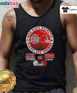 Ohio State Buckeyes tank top featuring Cleveland skyline for game days, perfect for Saturdays and Sundays.