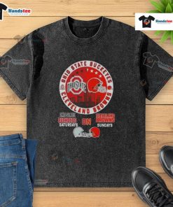 Alt Text: Good Ohio State Buckeyes Saturdays, Cleveland Browns Sundays Skyline Washed T-Shirt in vibrant colors.