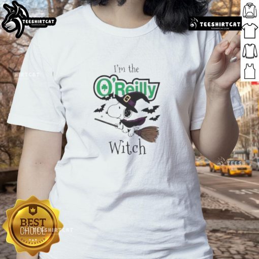 Good O'Reilly Auto Parts x Snoopy I'm The Witch Halloween Ladies Tee featuring a playful witch design for festive attire.