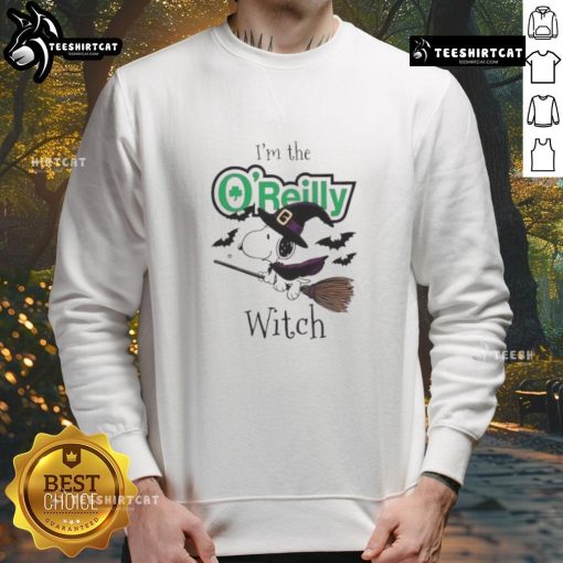 Good O'Reilly Auto Parts X Snoopy I'm The Witch Halloween Sweatshirt featuring Snoopy in a witch costume for Halloween.