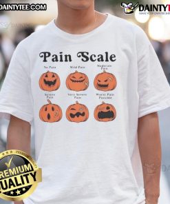 Good Pain Scale Fall Pumpkin Nurse Halloween T-Shirt featuring a playful design for healthcare professionals celebrating Halloween.