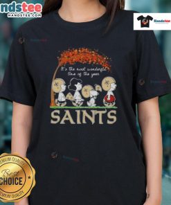 New Orleans Saints football ladies tee with 'It's The Most Wonderful Time Of The Year' design, perfect for fans.