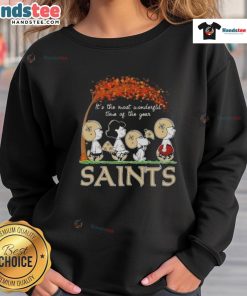 New Orleans Saints football sweatshirt with 'It's the Most Wonderful Time of the Year' design and festive colors.