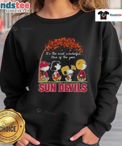 Alt Text: Cozy Arizona Sun Devils sweatshirt featuring It's the Most Wonderful Time of the Year and festive peanut graphics.