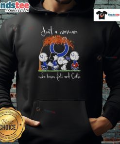 Woman wearing a fall-themed Indianapolis Colts football hoodie, showcasing her love for peanuts and autumn.
