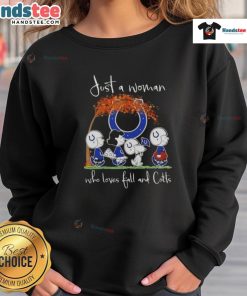 Woman in a cozy sweatshirt featuring 'Good Peanuts' enjoys fall while cheering for the Indianapolis Colts football team.