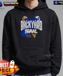 Alt Text: Good Pitt Panthers vs West Virginia Mountaineers Backyard Brawl helmet hoodie showcasing team logos and colors.