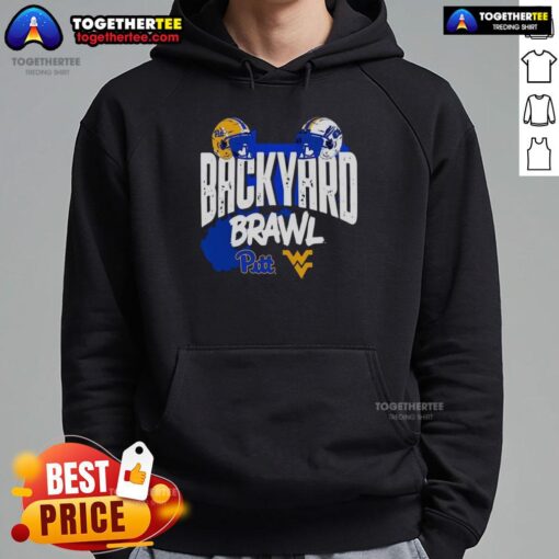 Alt Text: Good Pitt Panthers vs West Virginia Mountaineers Backyard Brawl helmet hoodie showcasing team logos and colors.