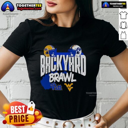 Good Pitt Panthers vs West Virginia Mountaineers Backyard Brawl helmet ladies tee, perfect for game day style.