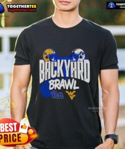 Good Pitt Panthers vs. West Virginia Mountaineers Backyard Brawl helmet T-shirt showcasing vibrant team logos and colors.