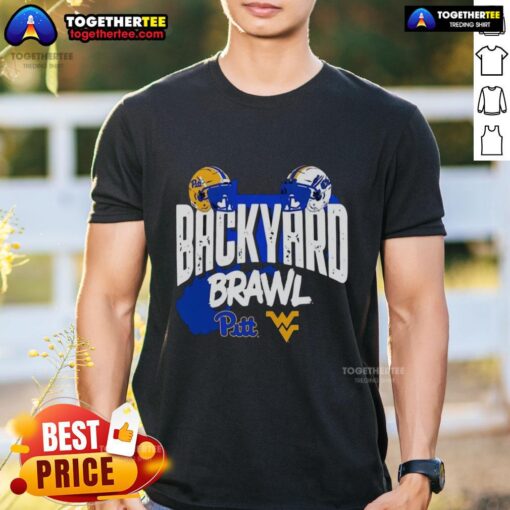 Good Pitt Panthers vs. West Virginia Mountaineers Backyard Brawl helmet T-shirt showcasing vibrant team logos and colors.