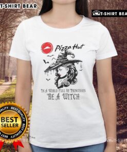 Good Pizza Hut Halloween ladies tee featuring 'Be a Witch' design, perfect for fun and festive October celebrations.
