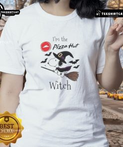 Good Pizza Hut x Snoopy I'm the Witch Halloween ladies tee featuring a fun design perfect for Halloween festivities.