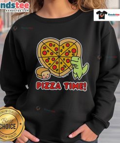 Alt Text: Good Pizza Time dinosaur graphic sweatshirt featuring a playful dinosaur and a loaf of bread design.