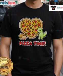 Alt Text: Good Pizza Time dinosaur and loaf of bread graphic T-shirt design featuring a playful dinosaur enjoying pizza.