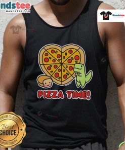 Alt Text: Funny tank top featuring a dinosaur enjoying pizza and a loaf of bread, perfect for pizza lovers and graphic tee fans.