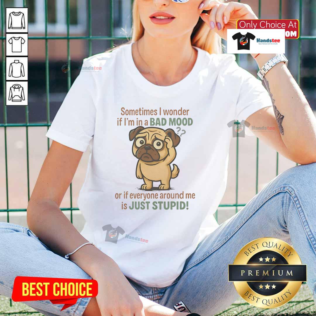 Good Pug Sometimes I Wonder If I'm In A Bad Mood Or If Everyone Around Me Is Just Stupid Ladies-Tee Funny ladies tee featuring a pug with the quote about moods and frustration, perfect for dog lovers and humor fans.