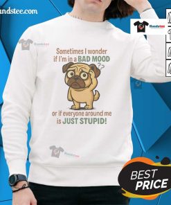 Alt Text: Cozy sweatshirt featuring a good pug and the phrase about mood and intelligence, perfect for dog lovers.