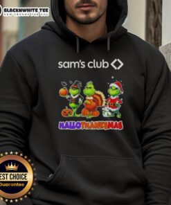 Good Sam Club X Grinch Cosplay Happy HalloThanksMas Hoodie featuring festive designs and vibrant colors for holiday cheer.