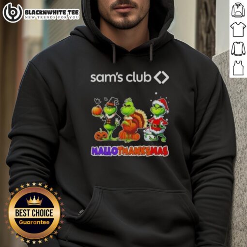 Good Sam Club X Grinch Cosplay Happy HalloThanksMas Hoodie featuring festive designs and vibrant colors for holiday cheer.