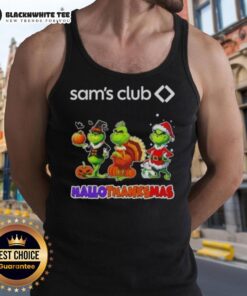 Good Sam Club X Grinch cosplay tank top for Happy HalloThanksMas celebration, featuring festive graphics and vibrant colors.