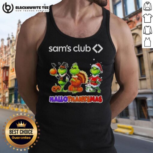 Good Sam Club X Grinch cosplay tank top for Happy HalloThanksMas celebration, featuring festive graphics and vibrant colors.
