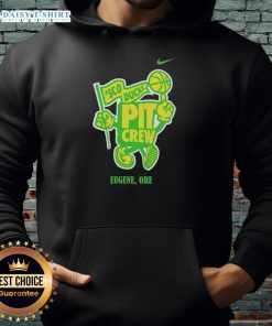 Good Sco Ducks Pit Crew hoodie worn by fans in Eugene, Oregon, showcasing team spirit and style.