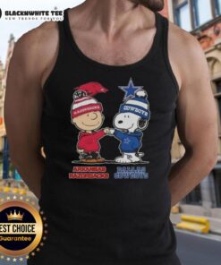 Good Snoopy and Charlie Brown tank top featuring Arkansas Razorbacks and Dallas Cowboys design for sports fans.