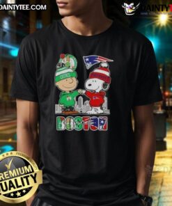 Good Snoopy and Charlie Brown Boston Sports Celtics x New England Patriots skyline t-shirt featuring iconic characters.